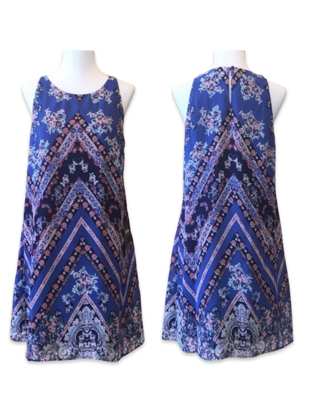 Boho mini dress Bohemian blue sleeveless floral sun dress Size M NWT